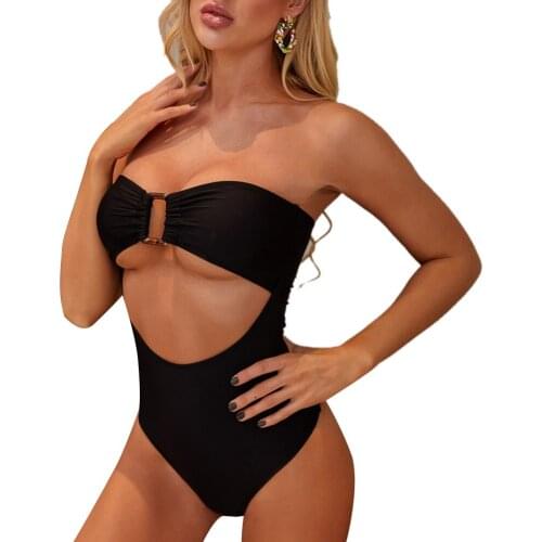 Sexy Womens Swimsuit Leopard Strapless Bikini Bodysuit Push Up Padded Hollow Swimwear Beachwear Summer Bathing Suit Biquini