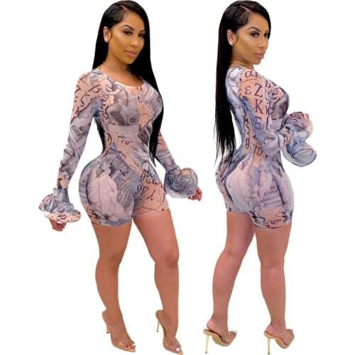 Sexy Lady Fashion Print Sheer Mesh Short Jumpsuit Women O Neck Long Flare Sleeve Skinny Romper Night Club Bodycon Rompers Outfit