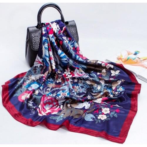 Silk Scarf Womens Spring and Summer Models of Imitation Silk Printed Scarf 90x90cm Large Square Scarf with Hand Shawls