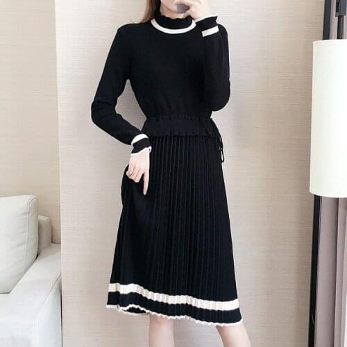 Knitted Dress Wome Long Sleeve A-line Dress Slim Elegant Lady Hit Color Sweater Dress Korean Fashion 2021 Autumn Winter Vestidos