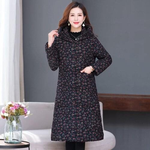 2021 Winter Women New Middle-aged Print Cotton Jacket Female Plus Velvet Grandmother Coats Ladies Loose Warm Hooded Parkas U463