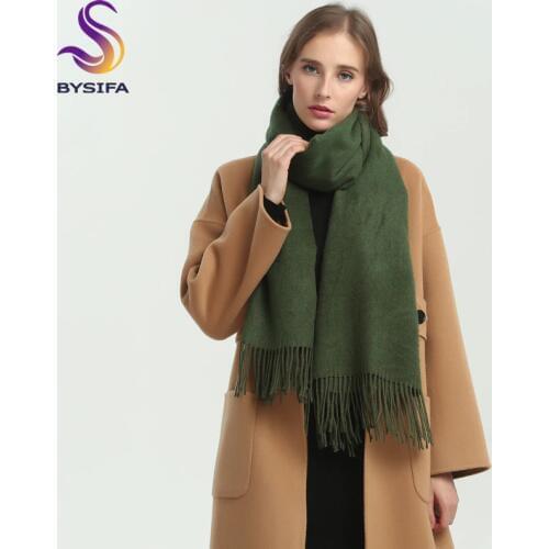 [BYSIFA] New Winter Ladies Army Green Pashmina Scarves Shawls Fashion Trendy Tassel Women Luxury Cashmere Pashmina Scarves Wraps