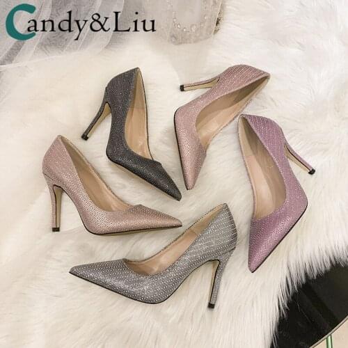 Female Pumps Champagne Gold Dress Sexy Banquet Pressure Rhinestone Drilling High Heels Womens Thin Heel 10cm Pointed Night Show