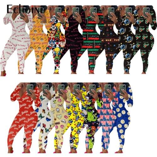 Echoine Autumn Winter women Sexy Adults Onesies Long Sleeve V-neck Pattern Print Pajama Romper Women Jumpsuit Nightwear