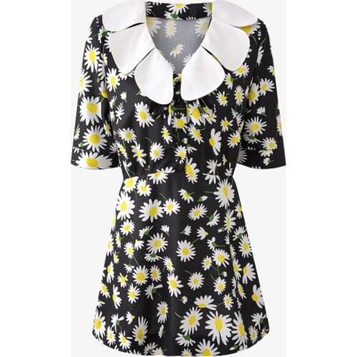 Yellow Daisy Print High Waist Short Dress Quality Retro Doll Collar Single Breasted Slim Mini Dress Female 2021 Summer New Style