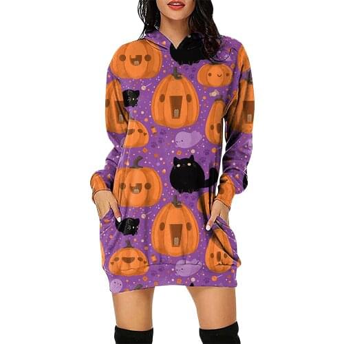 Halloween Cartoon Pumpkin Print Sweatshirts Dress Women Hooded Pocket Long Sleeve Pullover Mini Dress Autumn Casual Hooded Dress