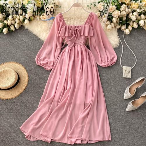 2020 Autumn Off Shoulder Long Sleeve Woman Dress Chiffon Vintage Long Dresses For Women Christmas Pink Party Dress Vestidos