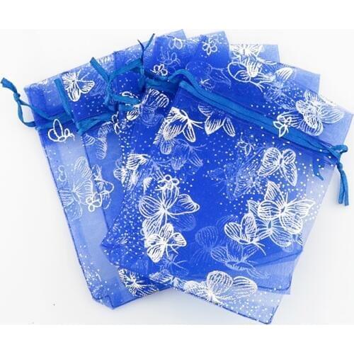 100 Pcs/lot Royal Blue with Silver Butterfly Christmas Gift Bag Pouches Wedding Favor Organza Bags 9x12cm Small Packaging Bags