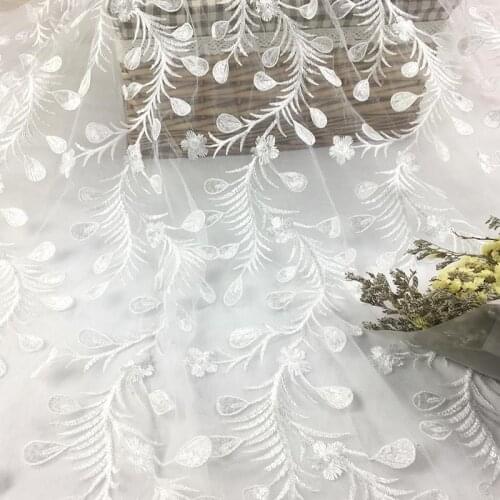 5Yards 2018 Latest Embroidery Lace Peacock feathers White Tulle Sequins Lace Fabric For Bridal Wedding Dress Sewing Craft