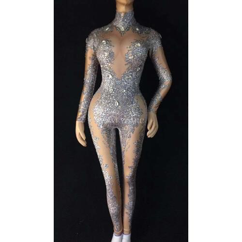 Sparkly AB Rhinestones White nude Leggings Sexy Big Stretch Dance Costume One-piece Bodysuit Birthday Outfit Party Jumpsuit