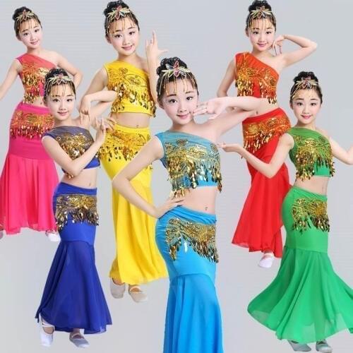 100-160CM Belly Dance Childrens Day Women Shoulder Off Girl Cosplay Stage Sequin Oriental Costumes for Kids Skirts Tail Fish