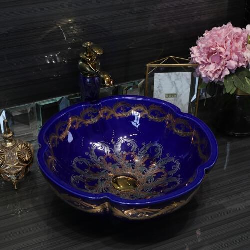 Europe style chinese Jingdezhen Art Counter Top ceramic bathroom sink ceramic basin sink bathroom sink countertop flower shape