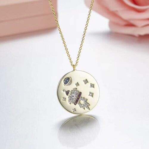 SLJELY Round Gold Color Zircon Roket Choker 925 Sterling Silver Fine Jewelry Women Party Fashion Star Charm Pendant Necklace