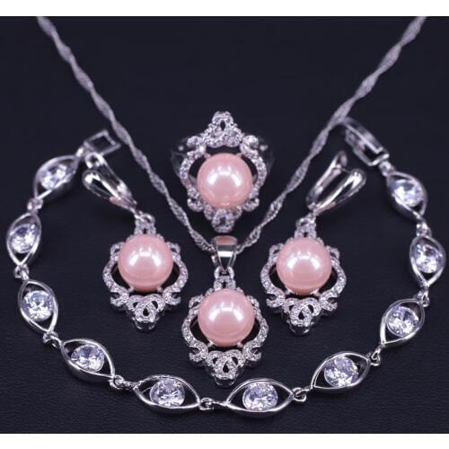 Smooth Wedding Jewelry Sets Silver Color Pink Pearl Necklace Earrings Bracelet Ring Fashion Jewelry Set Accessories