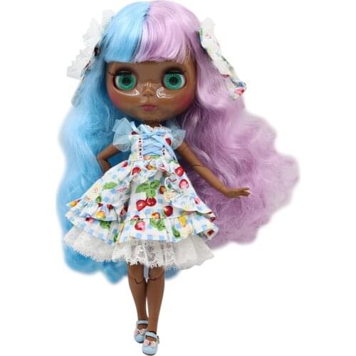 ICY DBS Blyth doll super black darkest skin Glossy face join body Points in the Blue mixed Purple hair.No.BL2137/6023
