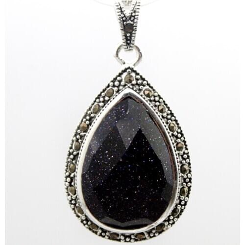 Fashion Faceted 40*20mm Blue Jade Sandstone 925 Sterling Silver Waterdrop Marcasite Pendant