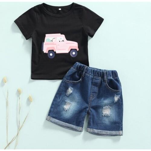 2PCS Summer Clothes Set Toddler Kids Baby Boy Short Sleeve Car Print Black T-shirt Tops Denim Shorts Jeans 1-6Y