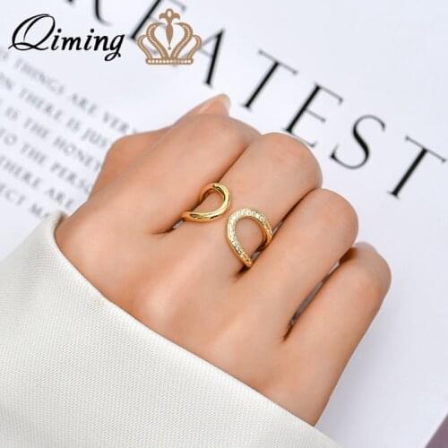 QIMING Geometric Minimalist Rings For Women Simple Creative CZ Zircon Open Fashion Ring Birthday Party Jewelry Gifts