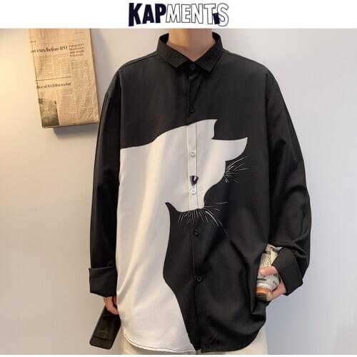 KAPMENTS Men Harajuku Shirt Long Sleeve 2020 Mens Korean Fashions Cartoon Shirt Male Japanese Streetwear Women Oversized Shirts