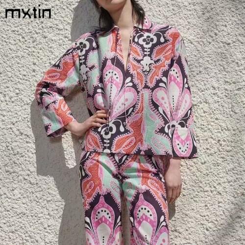 MXTIN 2021 Women Spring Vintage Floral Print Bow Tie Blouses Fashion Lapel Collar Long Sleeve Female Shirts Blusas Casual Tops