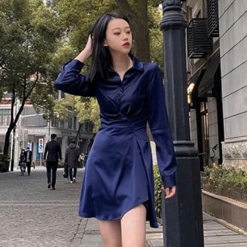 2021 New Irregular Mini Shirt-shaped Dress Women Elegant Office Lady Dark Blue Autumn Korean One Piece Vintage Fashion Dress