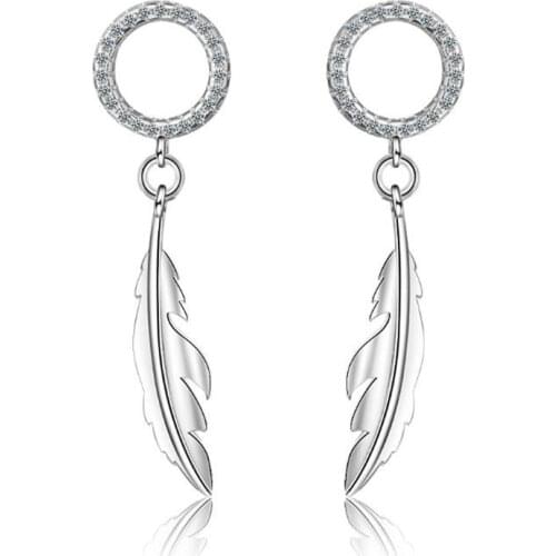 New Creative Feather 925 Sterling Silver Jewelry Temperament Simple Fashion Round Crystal Exquisite Stud Earrings SE823