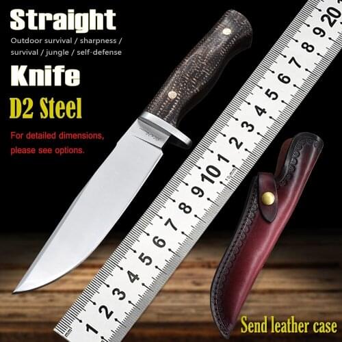 New Outdoor Straight Knife D2 Blade Wooden Handle Survival Hunting Knife Fishing Hiking Climbing High Hardness EDC Hand Tool