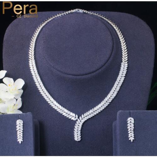 Pera Elegant Shiny CZ Crystal Silver Color Leaf Drop Bridal Wedding Necklace Earrings Set for Women Costume Party Jewelry J336