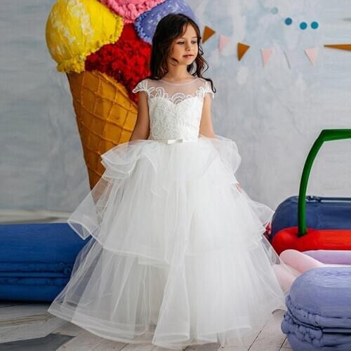 Girl dress princess dress lace applique 4-10 year old girl birthday party dress wedding brides flower girl dress