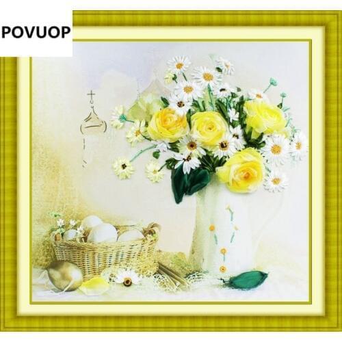 POVUOP New arrival 2014 ribbon embroidery 58X60cm paintings intergards 3d fashion cross stitch