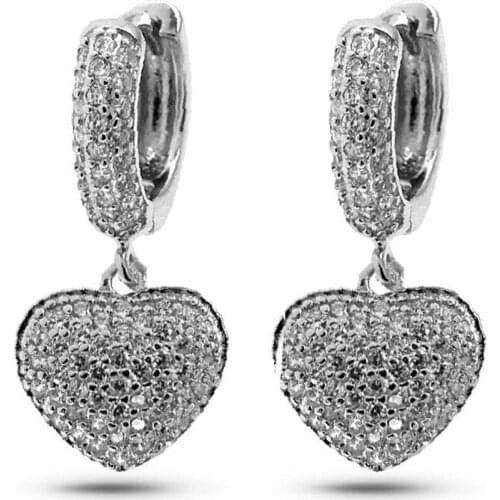 Full Zircon Cubic Zirconia 925 K Silver Dangle Heart Earrings
