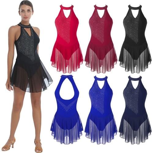Mesh Dance Costume Sexy Women V Neck Ruffle Backless Rhinestone Stage Dress Figure Skating Skirted Leotard Gymnastics Dresses