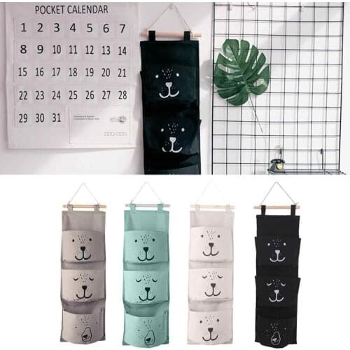 3 Pockets Cute Wall Hanging Storage Bag Linen Clothes Organizer Closet Storage Bag Children Room Organizer Pouch Organizador