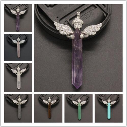 Trendy-beads Silver Plated Angel Embrace Hexagon Column Green Turquoises Stone Pendant Rose Pink Quartz Jewelry