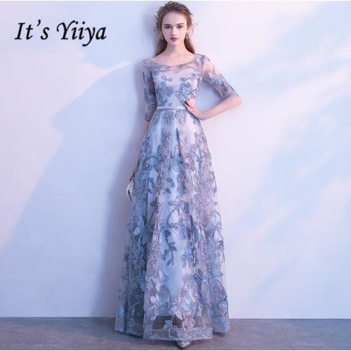 Its YiiYa Evening Dress Gray Floral Print Embroidery Formal Dresses O-neck Half Sleeve A-line Floor length Party Gown E039