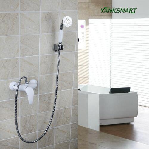 YANKSMART White Painting Brass Bathroom Single Handle Wall Mounted Bathtub Faucet With Hand Sprayer Shower Set Faucets Mixer Tap