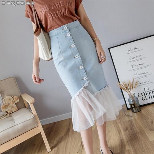 Woman Fashion 2019 Package Hip Denim Skirts Tulle Skirt Single Breasted Patchwork Mesh Skirt A Type Womens Clothing Saia Midi