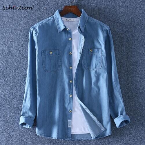 Schinteon New 100% Slub Cotton Long Sleeves Shirt Thin Denim Casual Solid Simple Comfortable Shirts Autumn Two Front Pocket