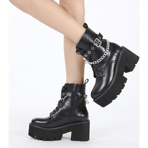 Spring and Autumn Woman Boots Chain Cross-tied Gothic Platform Boots Women Chunky Heel Black Ankle Boots Femme Punk Style Zippe