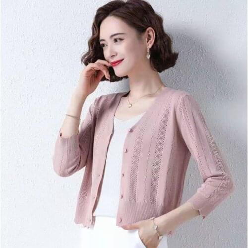 Women 2021 Summer Fashion Ice Silk Knitted Shirts Female Short Cardigan Coats Ladies Solid Color Shawl Sunscreen Blouses W142