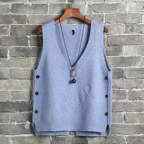 Female Pullover All-match Vest Women V-neck Knit Sweater Waistcoat Side Button Sleeveless Coat Back Split Vest Casual Tops