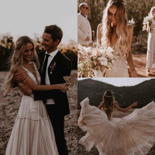 Nude Champagne Beach Wedding Dress 2019 V Neck Lace Appliqued Sexy Boho Bridal Gowns Backless Vestido De Novia