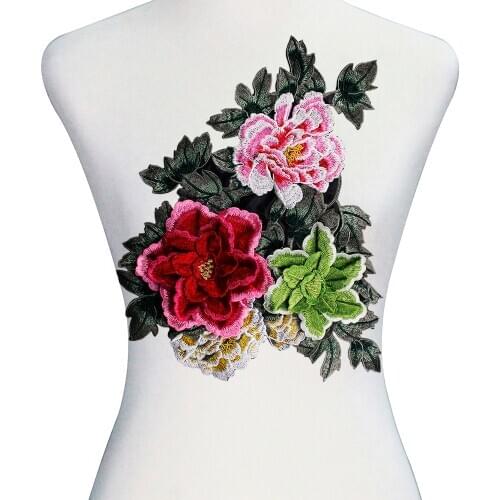 5piece 3D Large Peony Embroidey Patches Lace Applique Fabric Patches Motif Scrapbooking Clothes Decorated Craft Sewing T2581