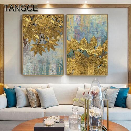 Abstract Golden Foil Leaf Painting Poster Print Big Gold Wall Art Pic for Living Room Aisle Cuadros Abstractos Dorados tableaux