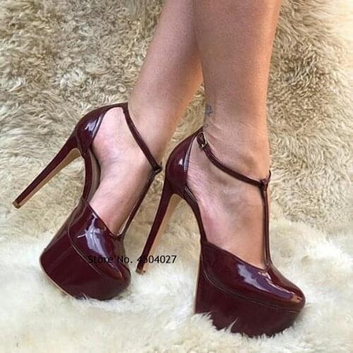 Burgundy Patent Leather T-strap High Heels Women Stiletto Heel Platform Dress Pumps Nude Red Black Banquet Shoes