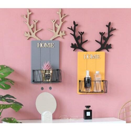 Nordic wooden antler wall mount Decorative frame Creative storage shelf Home living room bedroom office decoration storage rack