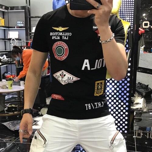 O-neck Short Sleeve T-Shirt Mens Mercerized Cotton 2021 Summer New Style Trend Slim Handsome Badge Printing Male Top Clothes