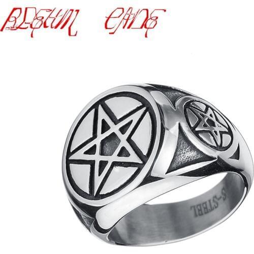 Hiphop/Rock Pentagram Star Circle Mens Black Silver Color Stainless Steel Ring Wholesale Jewelry US Size 8-12