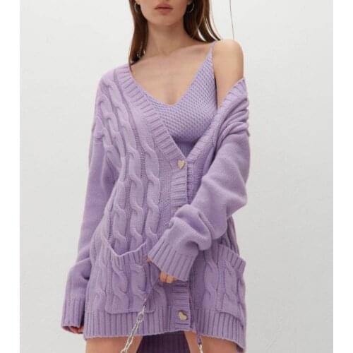 Women Autumn Sweater 2021 Cardigan Twist Pattern Single Breasted Autumn Winter Loose Solid Color V Neck Sweater Coat for Office