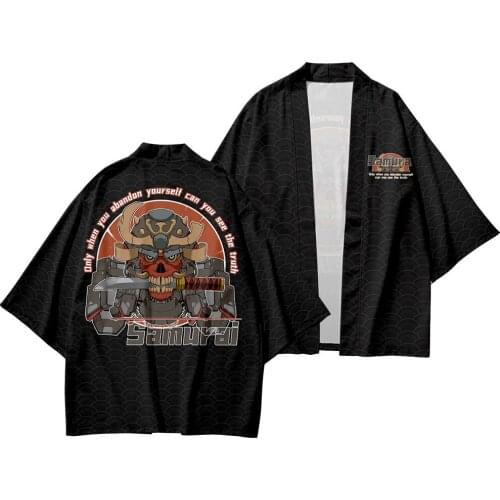 Men Japanese Style Samuari Black Print Kimono Traditional Cardigan And Pant Suit Yukata Streetwear Haori Clothes
